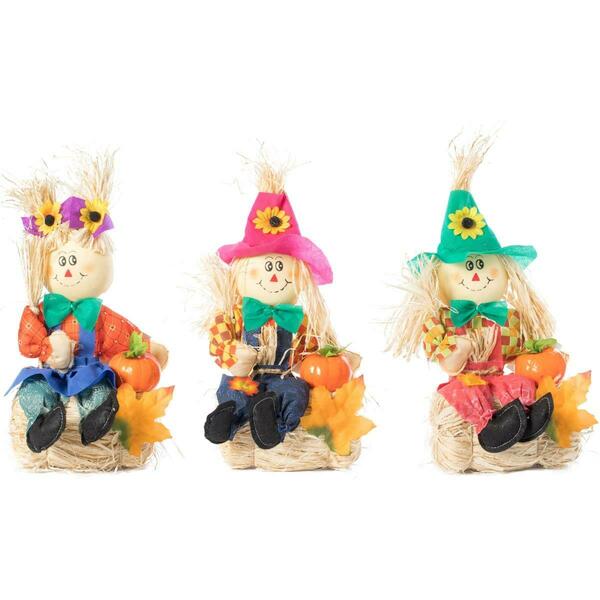 Invernaculo 13 x 6 x 5.50 in. Garden Scarecrows Sitting on Hay Bale Decor, Multi Color - Set of 3 IN3721608